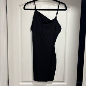 Revamped Sleek Black Mini Asymmetrical Neck Dress